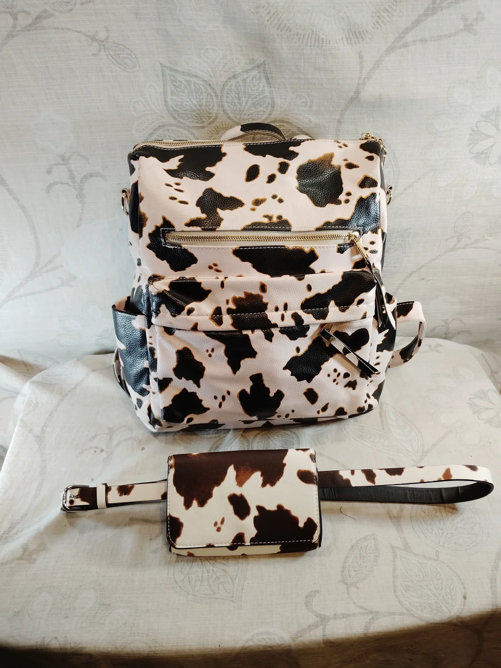 Backpack with Matching Belt Bag In A Cow-print - Brown Cream & Slight Pink Hue